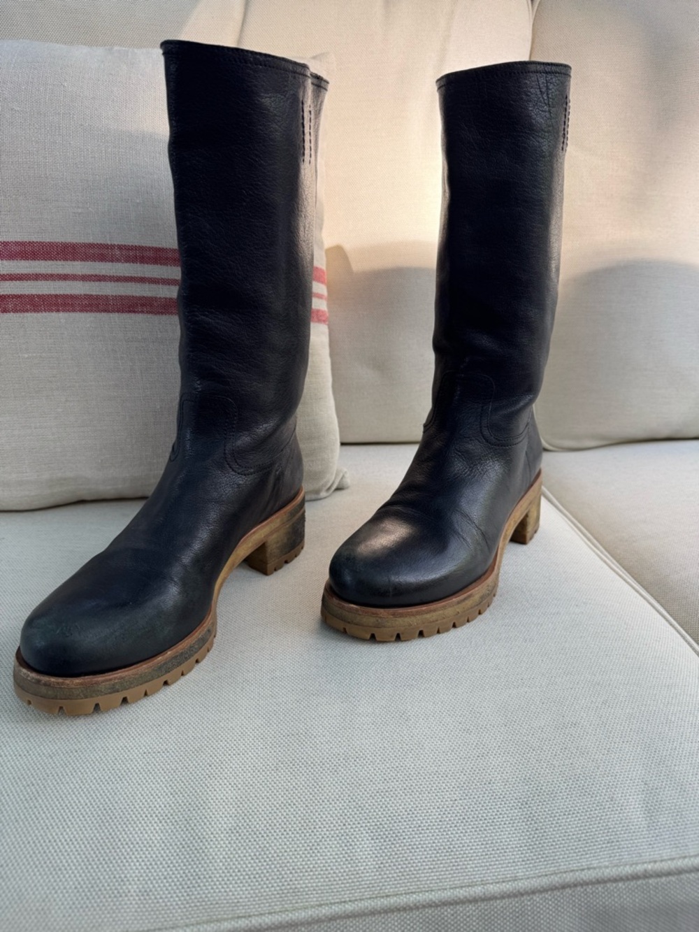 Sz38.5 Prada Black Leather Lug Sole Boots